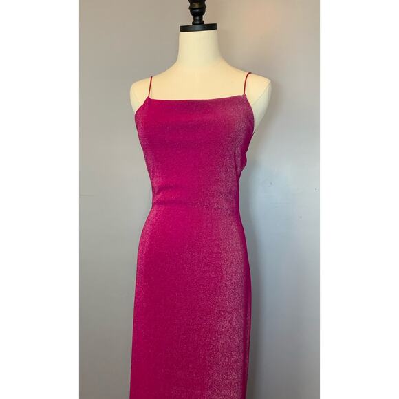 Vtg 90s Y2K City Triangles Open Back Strappy Hot Pink Metallic Bodycon Dress Med - Picture 4 of 17